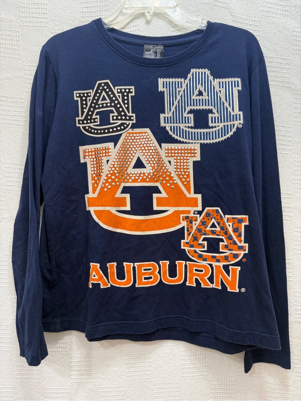 Navy Long-Sleeve Graphic Tee with Orange Logos